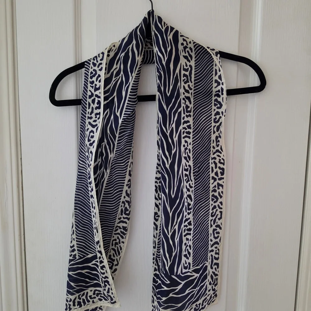 Honey Silk Scarf Navy Blue Cream Animal Print Zebra Leopard 10x52
